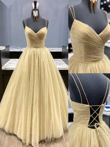 Backless Pleated Double Straps V Neck Champagne Prom Dress