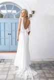 Chiffon Summer Bridal Backless Beach Lace Wedding Dress with Sash