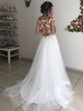 Round Neck Off the Shoulder Tulle White Lace Wedding Dress
