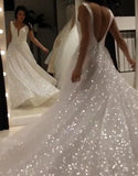 A-Line V-Neck Sequin Sparkly Wedding Dress