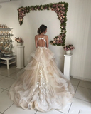 Champagne Tulle Spaghetti Straps Backless Appliques Wedding Dress