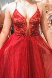 A-Line Beading Lace-Up Back Red Tulle Long Prom Dress
