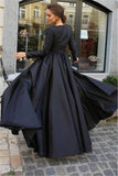 Black Lone Sleeves See Through Satin Side-Slit A-Line Prom Dress