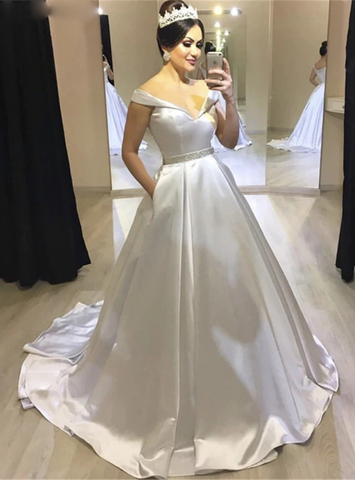 Ball Gown Satin Off the Shoulder White Wedding Dress With Pocket