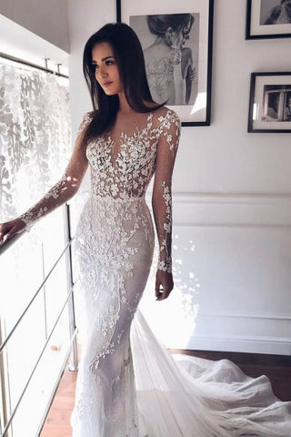 Sheer Tulle Long Sleeve Crystal Flower Appliques Bridal Wedding Dress
