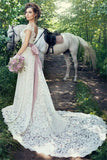 Open Back Portrait A-line Lace Outdoor Wedding Dress with Lavender Sash
