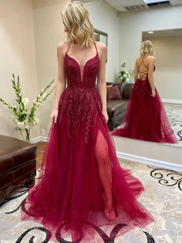A Line V Neck Lace Long Burgundy Backless Prom Dress with Slit