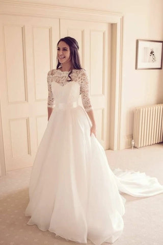 3/4 Sleeves Lace Ivory A Line See-through Wedding Dress