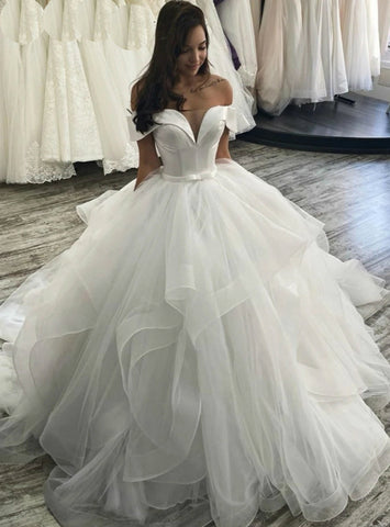 White Ball Gown Off the Shoulder Wedding Dress With Bow