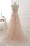Tulle Pink Round Neck Lace Applique Long Prom Dress