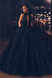 Sleeveless Ball Gown High-Neck Black Tulle Evening Dress With Pockets