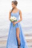 Lace Straps Sleeveless Sexy Blue Front Slit Prom Dress