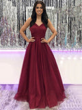 Sequin Spaghetti Straps Burgundy Tulle A Line Prom Dress