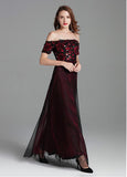 Tulle Off-the-shoulder Sequins Burgundy Evening Dress