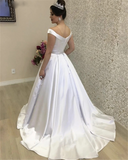 Ball Gown Satin Off the Shoulder White Wedding Dress With Pocket