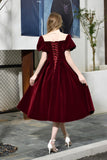 Back Burgundy Mid-Calf Short Sleeves Lace-up Ankle Length Velvet Prom Dress