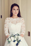 3/4 Sleeves Lace Ivory A Line See-through Wedding Dress