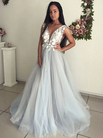 Lace Appliques Tulle V Neck Open Back Gray Long Prom Dress