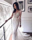 Sheer Tulle Long Sleeve Crystal Flower Appliques Bridal Wedding Dress
