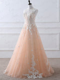 Appliques Coral High Neck White Lace Tulle Long Prom Dress