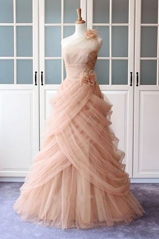 One Shoulder Unique Pink Pleats Flower Tulle Long Prom Dress