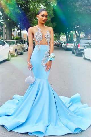 See Through Crystals Sky Blue Mermaid Sheer Tulle Sexy Prom Dresses