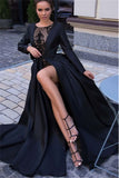 Black Lone Sleeves See Through Satin Side-Slit A-Line Prom Dress