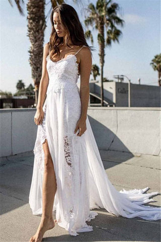 Spaghetti Straps Sexy Seaside Lace Beach Bridal Wedding Dress