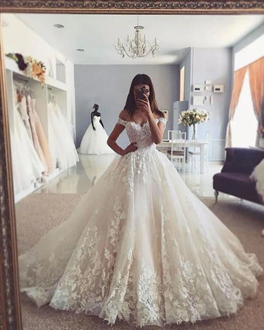 Beautiful Ball Gown Off The Shoulder  Lace Tulle Applique Wedding Dress