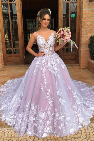 Floral V Neck See Through Bodice Spaghetti Straps Prom Dress