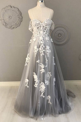 Appliques Tulle Long Gray Lace Off The Shoulder Prom Dress 