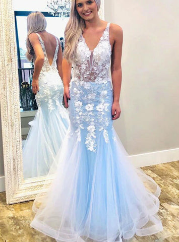 Light Blue V-neck Mermaid Appliques Backless Prom Dress
