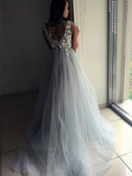 Lace Appliques Tulle V Neck Open Back Gray Long Prom Dress