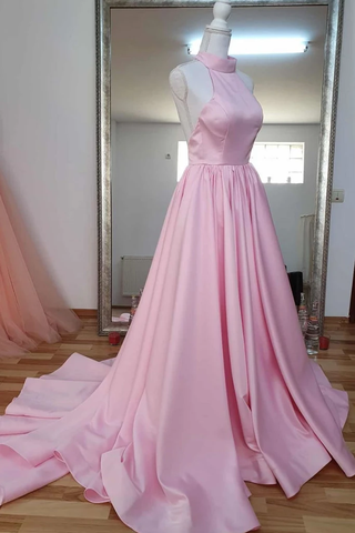 Satin Backless Pink High Neck Pink Long Prom Dress