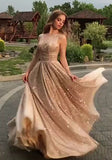 Round Neck Gold Open Back Champagne Sequins Prom Dress
