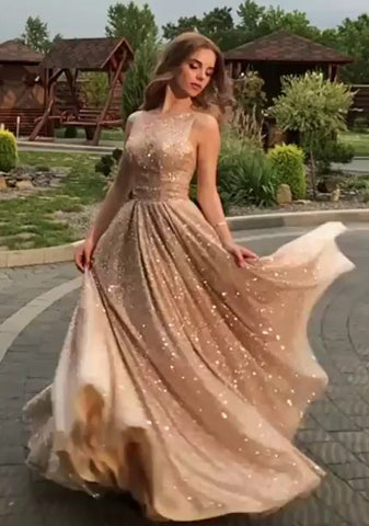 Round Neck Gold Open Back Champagne Sequins Prom Dress
