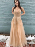 Champagne Appliques Spaghetti Straps Mesh Tulle Long Prom Dress