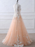 Appliques Coral High Neck White Lace Tulle Long Prom Dress