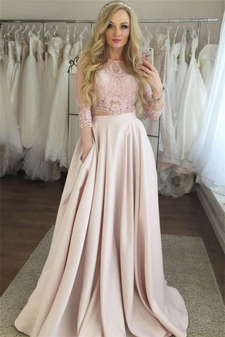 Long sleeves Satin Two Piece Prom Dress with Pocket