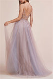 Beading Tulle Champagne Spaghetti-Straps Appliques Side-Slit Prom Dress