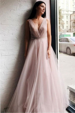 Long Beading Pink Tulle V-Neck Beading Pleats Prom Dress