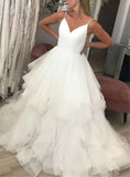 Tulle Spagehtti Straps Backless Ruffles White Wedding Dress