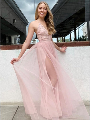 V Neck Pink Lace Sweet Tulle A Line Long Prom Dress with Slit