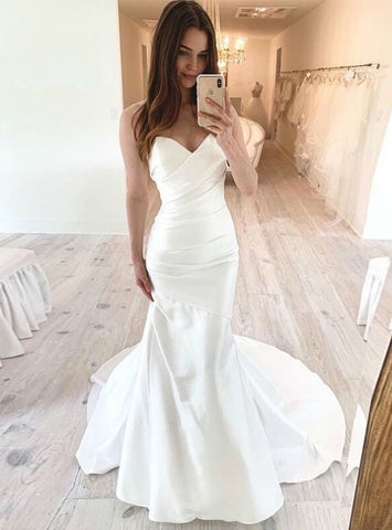 White Mermaid Sweetheart Pleats Satin Long Wedding Dress