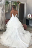 Tulle Spagehtti Straps Backless Ruffles White Wedding Dress
