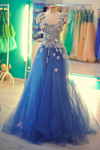 Long Unique Lace Applique Tulle Blue Prom Dress