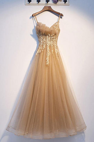 A Line Tulle Lace Champagne Sweetheart Long Prom Dress 
