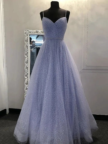 V Neck Sequins Lilac Tulle Sparkle Long Prom Dress