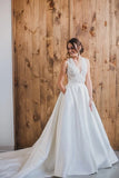 Satin Bridal Lace V Neck Wedding Dress with Pockets