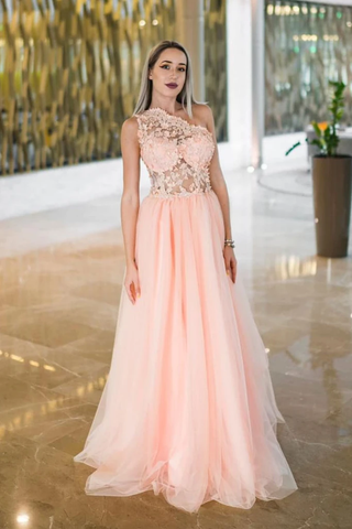 Lace Tulle Long Pink One Shoulder A Line Appliques Prom Dress